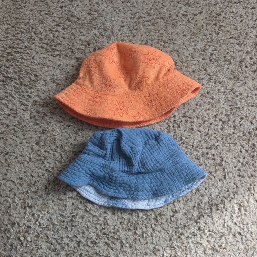 2-pack baby Sun hats 6 to 9 months blue hat 100% cotton, orange 100% polyester